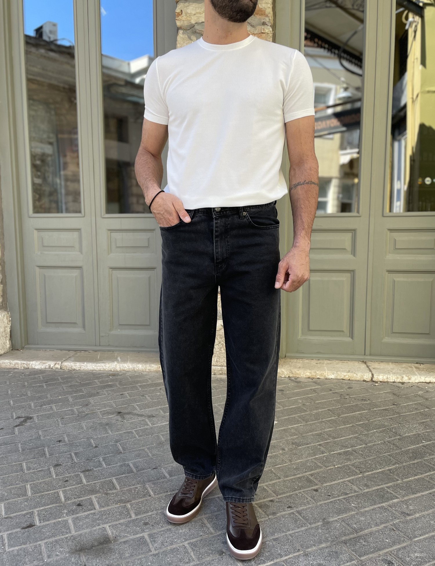 Ανδρικό μαύρο Loose τζιν ελαστικό πεντάτσεπο με φερμουάρ G81086 φωτογραφία